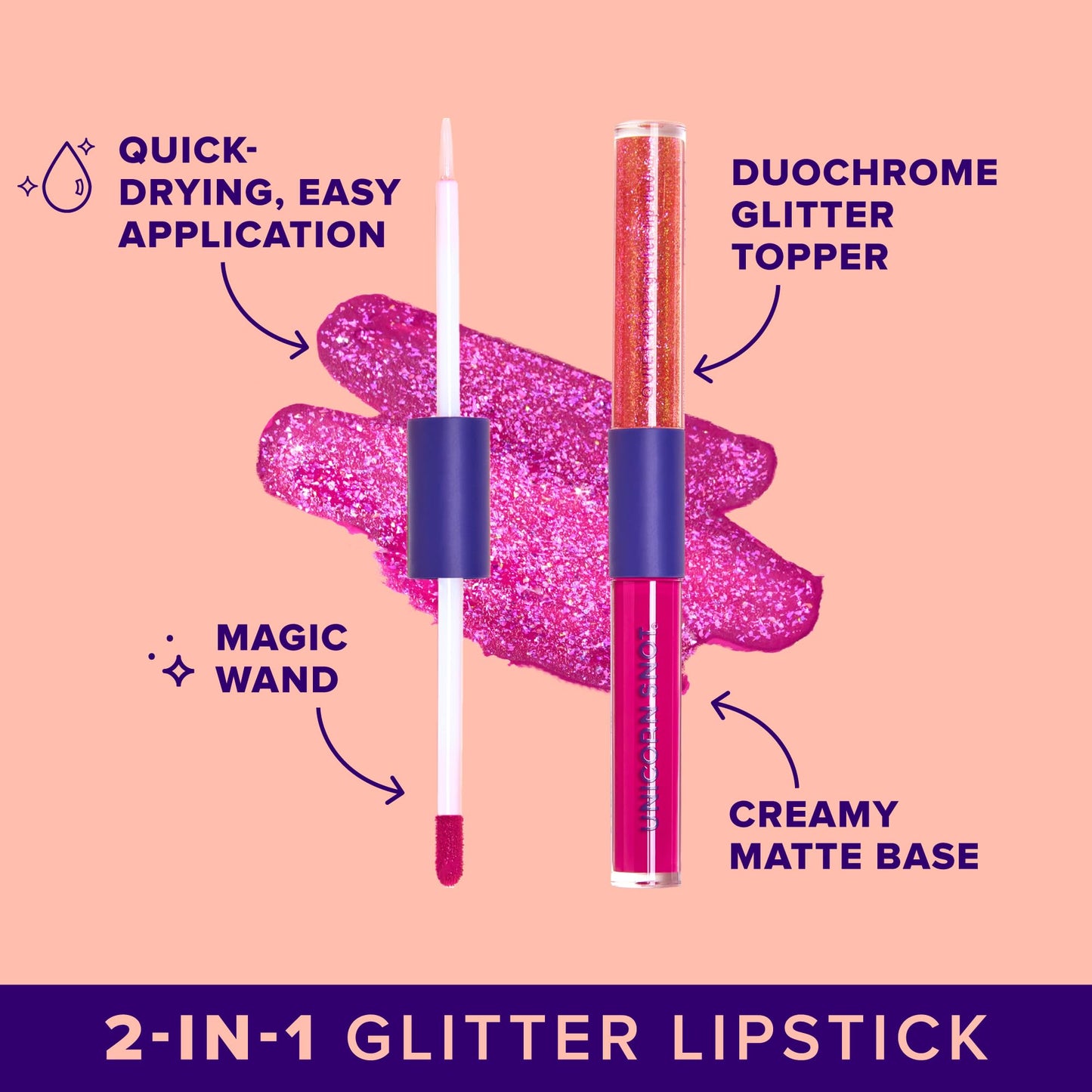 UNICORN SNOT Quiet Riot Glitter Lip Duo | 2-in-1 Set: Matte Lipstick & Plastic-Free Glitter | 0.15oz Pink Lipstick & 0.16oz Gloss, Fusion Beauty & Personal Care UNICORN SNOT