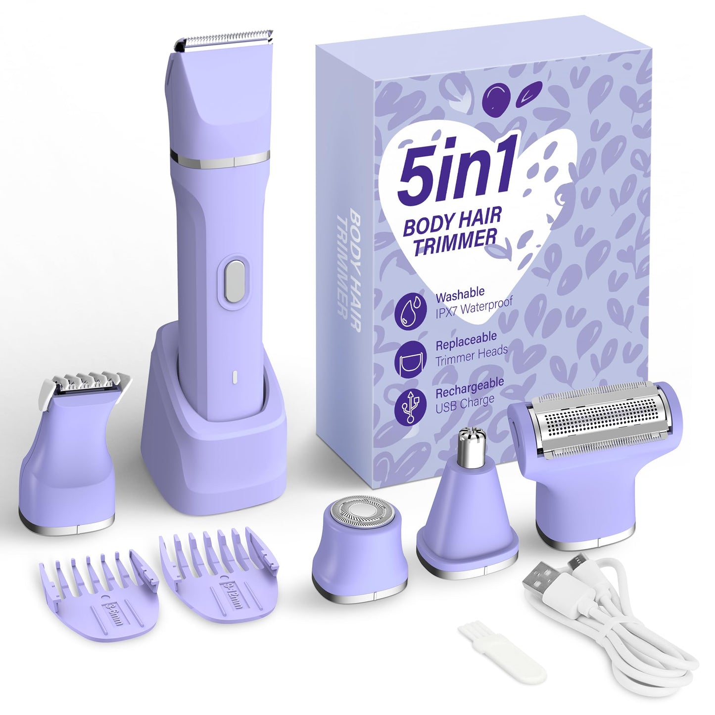 KINGTEE 5-in-1 Electric Bikini Trimmer for Women - IPX7 Waterproof Shaver, Cordless Body & Facial Razors for Women, Ceramic Blades, USB-C Beauty and Personal Care KINGTEE