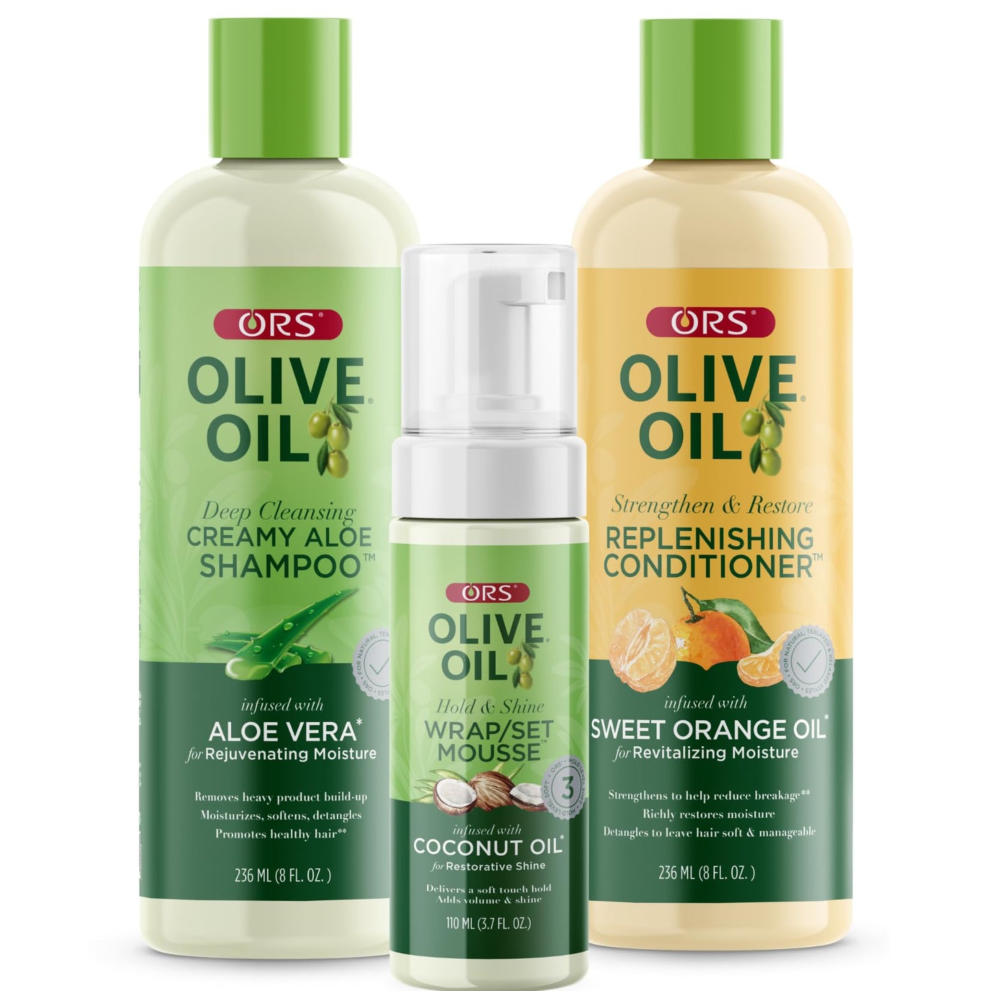 ORS Olive Oil Shampoo, Conditioner & Wrap Set Mousse with Aloe Vera, Orange & Coconut Oil for Healthier Hair (3 Piece Set) Beauty & Personal Care ORS