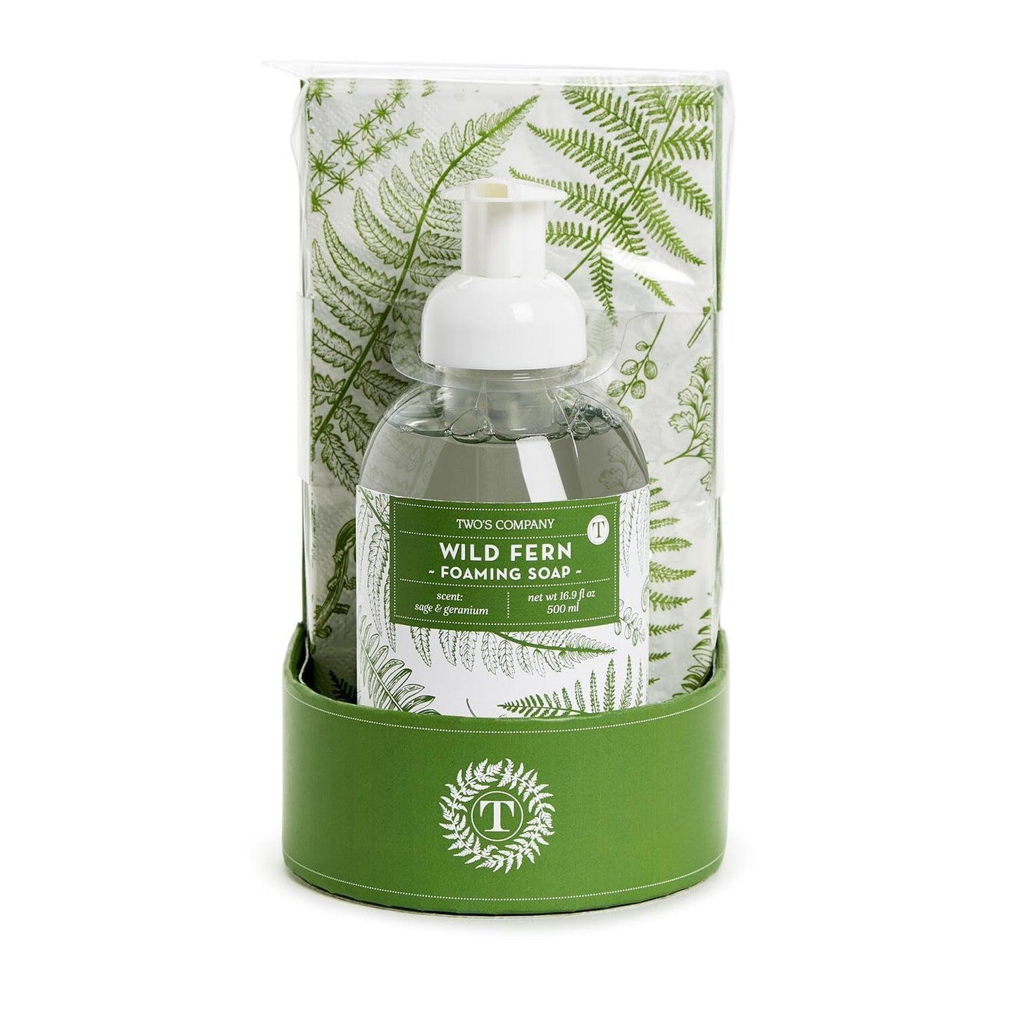 Two's Company Wild Fern Foaming Hand Soap 16.9 oz with 20 Disposable Guest Towels - Sage Geranium Scent Bathroom Set Beauty & Personal Care Two's Company