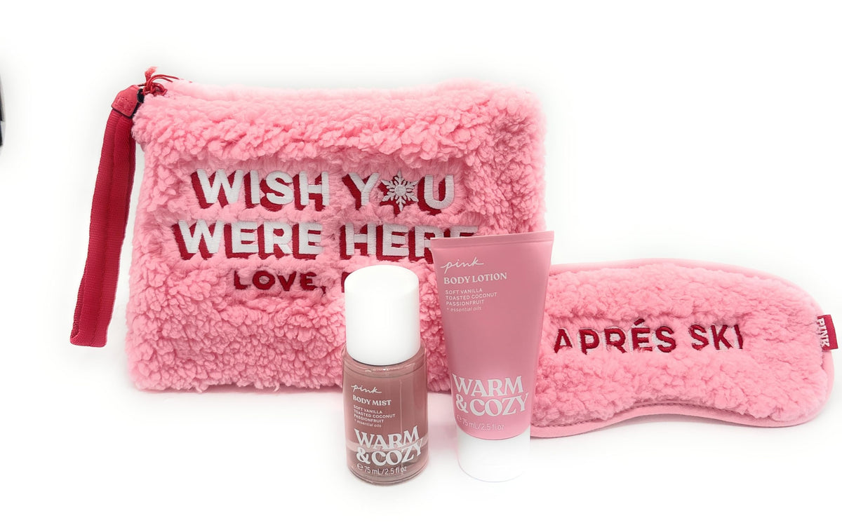 Victoria's Secret PINK Warm & Cozy 4-Piece Gift Set: Bag, Eye Mask, Mist, Lotion, each 2.5 fl oz