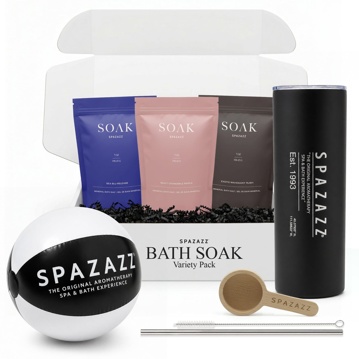 Spazazz Soak Bag Gift Set - 7oz Exotic Mahogany Rush, Silky Chamomile Ripple & Sea Blu Release Aromatherapy Bath Soak with Bath Salt Scoop, Tumbler Beauty and Personal Care Spazazz