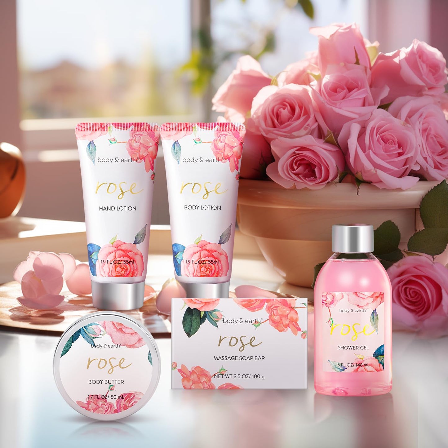 Bath and Body Gift Set for Women, Body & Earth 5 Pcs Rose Spa Gifts for Women, Self Care Kit, Lotion Set for Her, Birthday, Mothers Day Presents Beauty & Personal Care BODY & EARTH