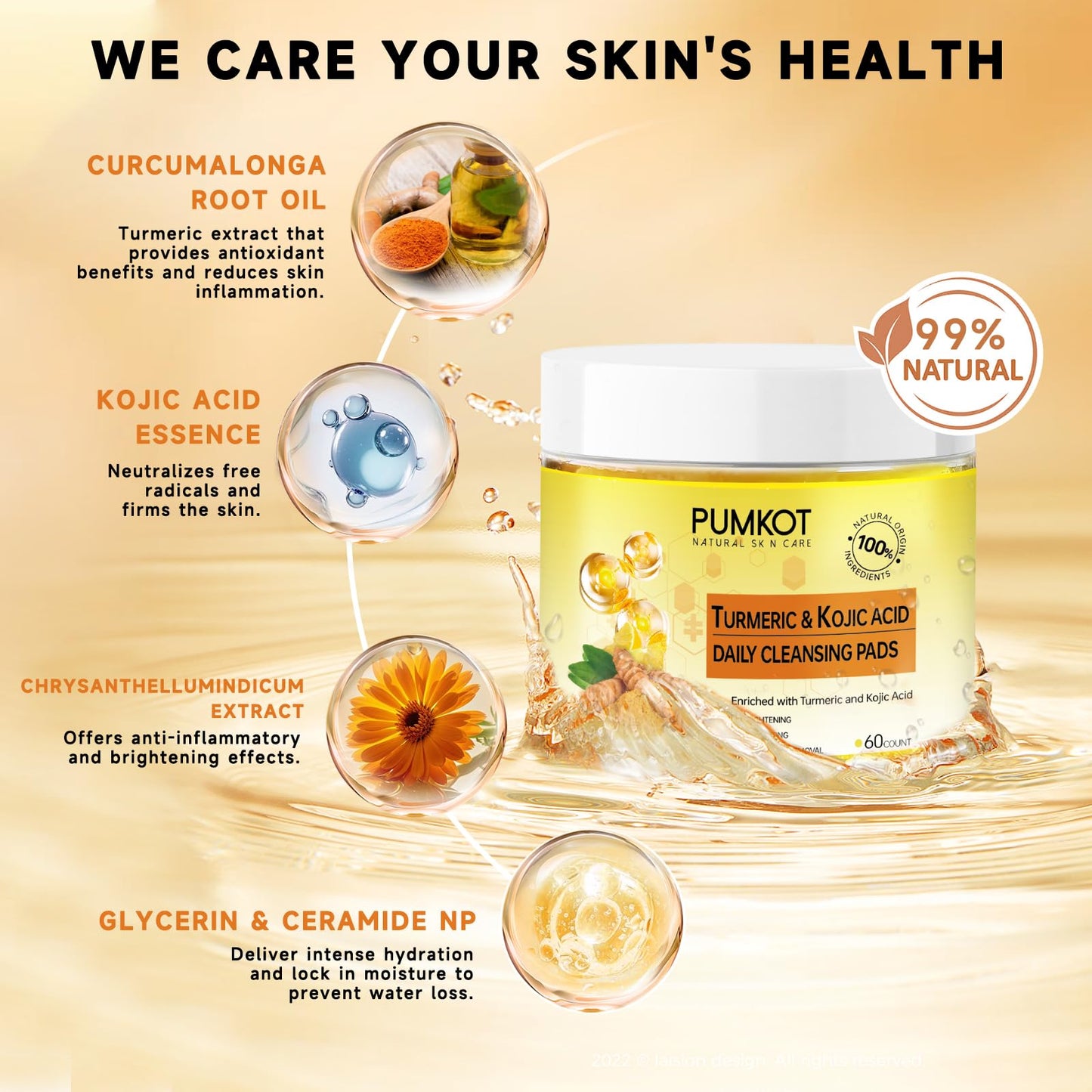 Pumkot Turmeric Kojic Acid Cleansing Pads, Turmeric Face Scrub Pads Enriched with Kojic Acid, 60PCS Beauty & Personal Care Pumkot