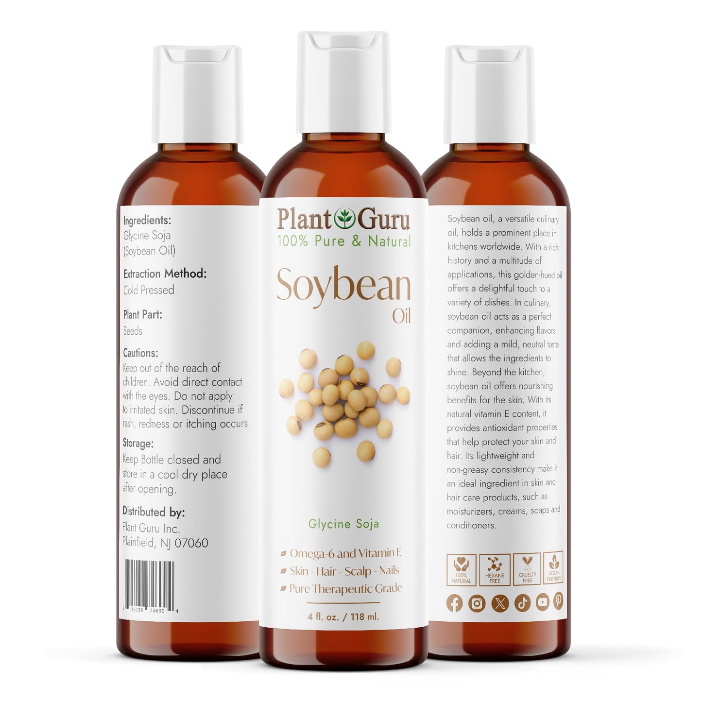 Soybean Oil 4 fl. oz. - Cold Pressed, 100% Pure & Natural Carrier for Skin, Face, Body, Hair & Cooking. Great for DIY Creams, Lotions, and Lip Balms. Beauty & Personal Care Plant Guru