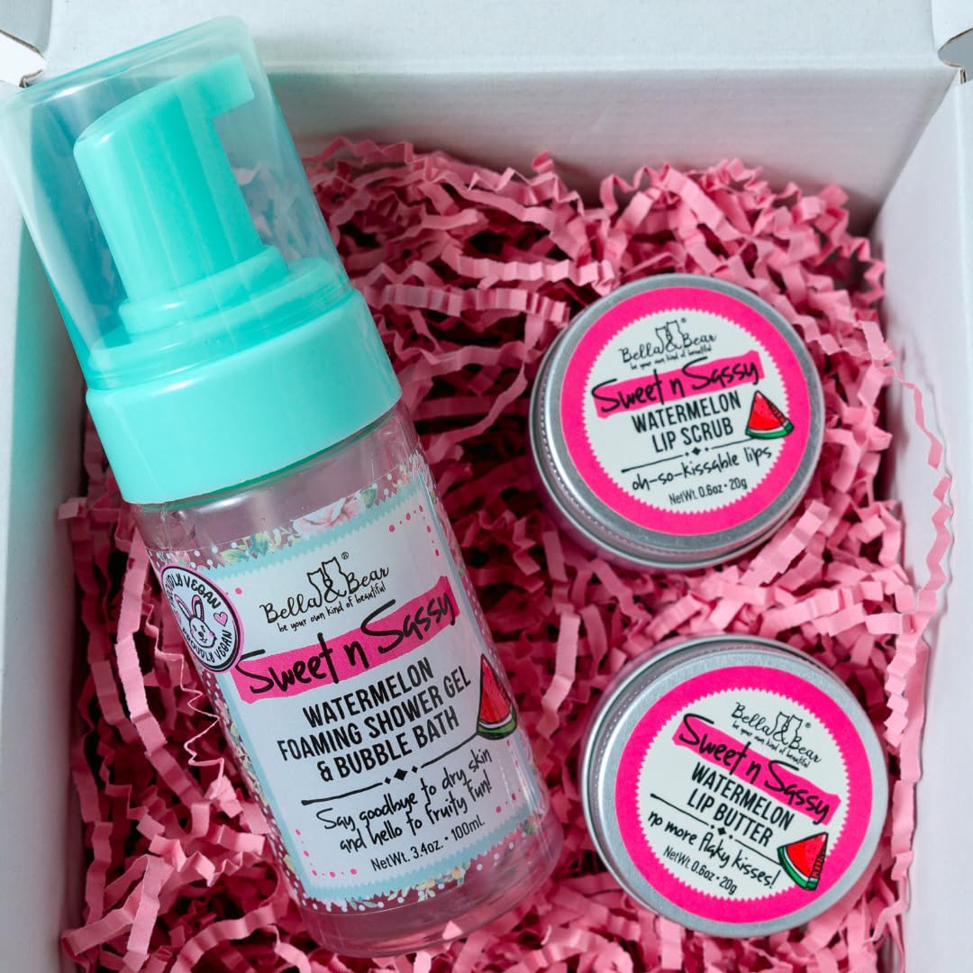 Bella & Bear Sweet 'n' Sassy Mini Spa Gift Set for Women & Teen Girls - Bath & Body Travel Gift Set with Shower Gel, Body Scrub, Lip Scrub & Lip Beauty and Personal Care Bella and Bear