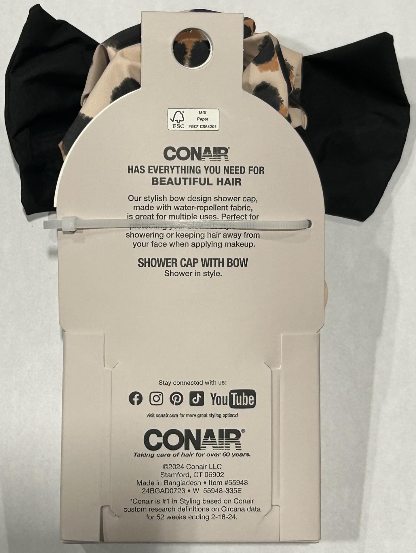 Conair Shower Cap with Bow - Black Cheetah Print Rubber - Adult Women's Unisex - One Size Fits Most Beauty and Personal Care CONAIR CORPORATION
