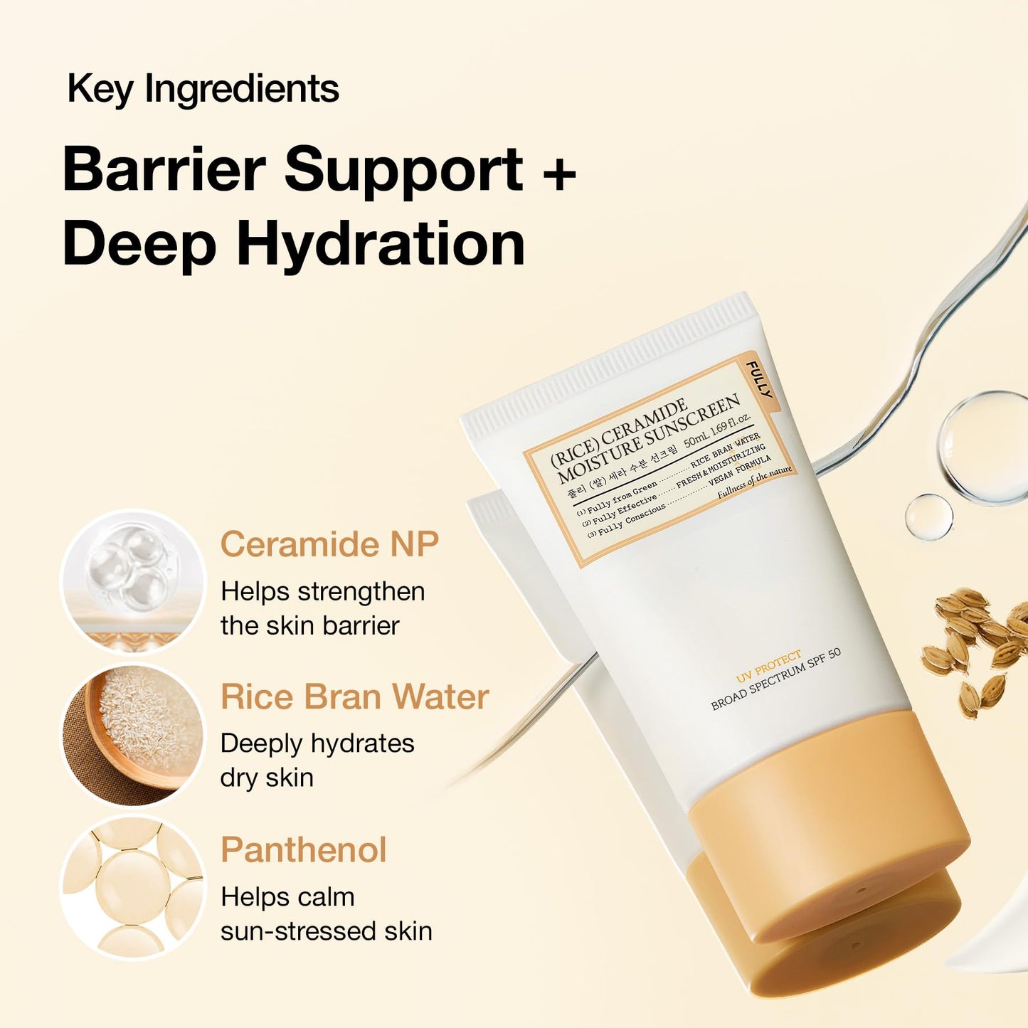 FULLY Rice Ceramide Moisture Sunscreen with Panthenol, SPF 50 Broad Spectrum, Korean Sunscreen for All Skin Types, No White Cast, Lightweight Beauty and Personal Care FULLY