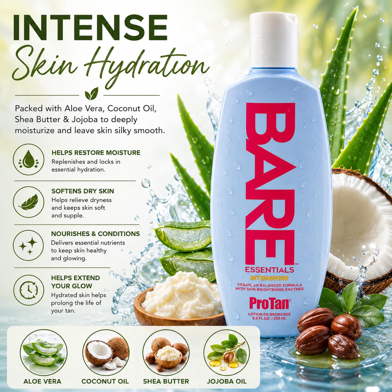 Pro Tan Bare Essentials Intensifier Tanning Lotion 8.5 fl oz - Vegan pH Balanced Formula with Aloe, Coconut Oil, Jojoba & Vitamins - Indoor Outdoor Beauty & Personal Care Pro Tan