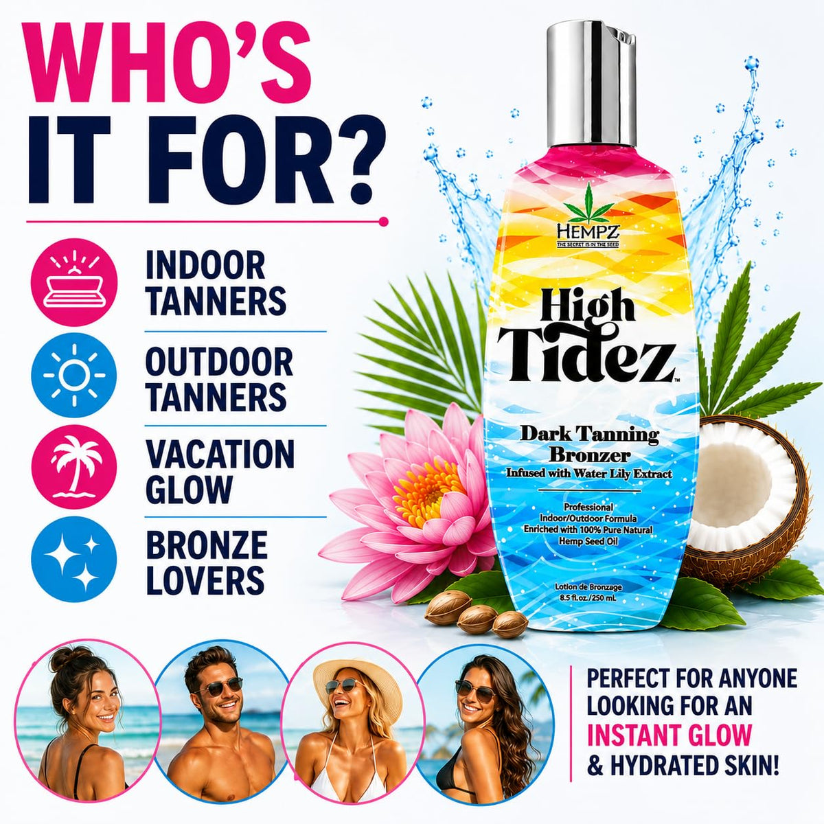 Hempz High Tidez Dark Tanning Bronzer Infused with Water Lily Extract Indoor/Outdoor 8.5oz