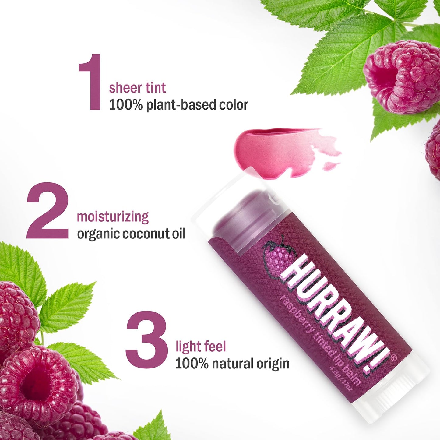 Hurraw! Raspberry Tinted Lip Balm, 3 Pack: (Sheer Berry Tint) Organic, Certified Vegan, Cruelty and Gluten Free. Non-GMO, 100% Natural Ingredients. Beauty & Personal Care HURRAW!