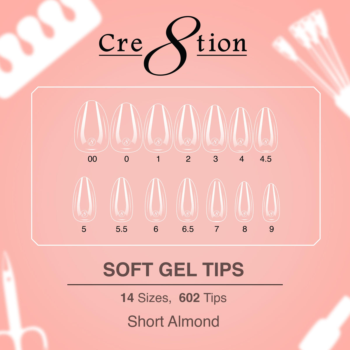 Cre8tion Soft Gel Nail Tips, Short Almond Shape, 602 Tips in 14 Sizes