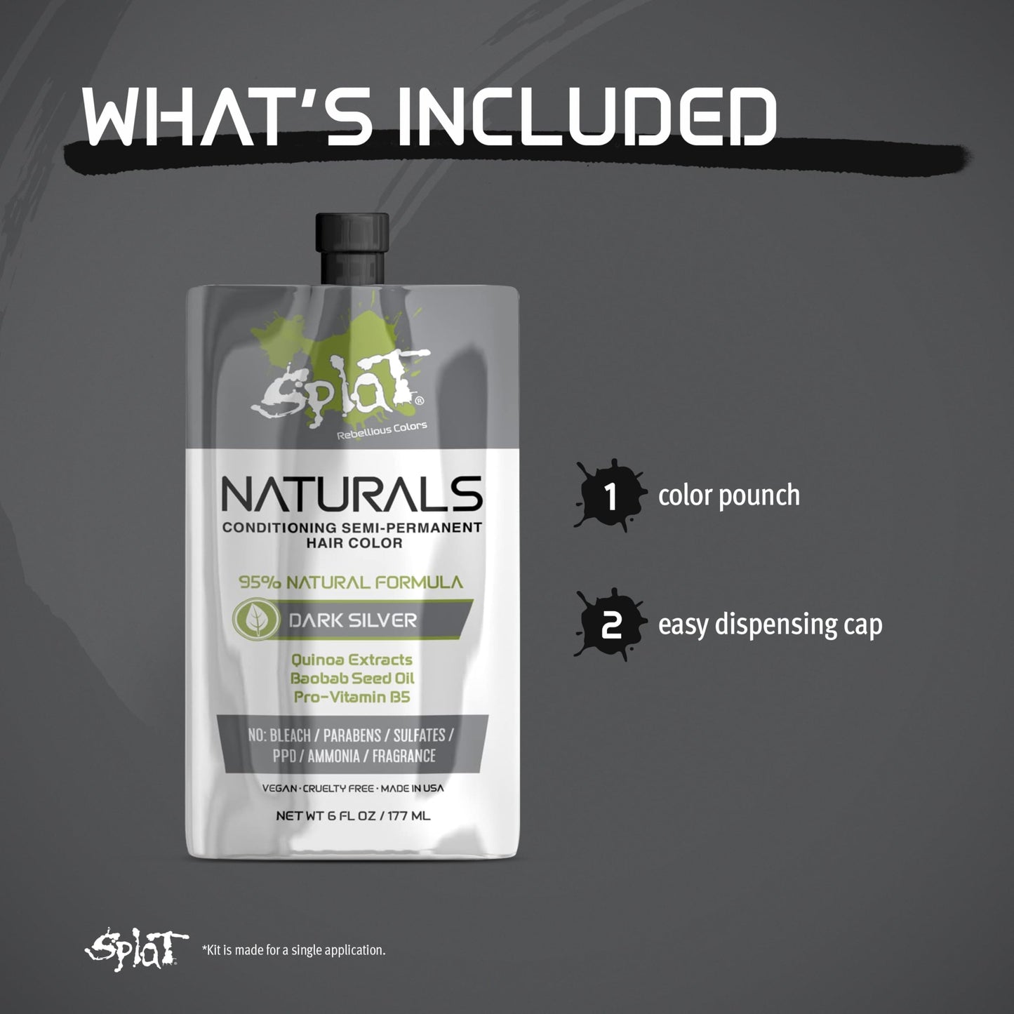 Splat Naturals Semi-Permanent Hair Color, Dark Silver, 6 fl. oz., 95% Natural Hair Dye Formula Lasts Up to 30 Washes, Vegan & Cruelty-Free Beauty & Personal Care Splat