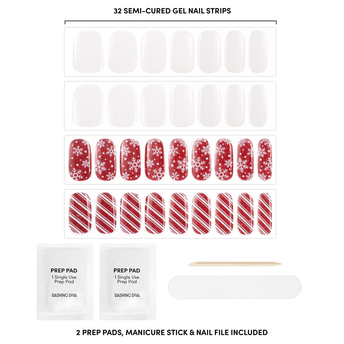 Dashing Diva Glaze Nail Strip Set - Gift Wrapped - Long Lasting, Chip Resistant, Semi-Cured Gel Nail Strips - Gel Set - 4-Piece Manicure Kit with 32