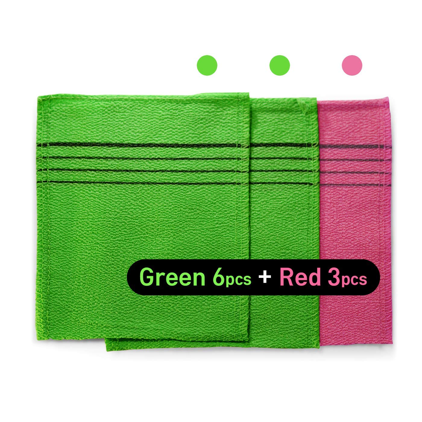 9pcs Genuine Korean/Asian Exfoliating Bath Washcloth, Skin Massage (Green 6pcs, Red 3pcs) Genuine Korean Italy Towel, Removing Dry, Dead Skin Cells Beauty & Personal Care SUNGBO CLEAMY