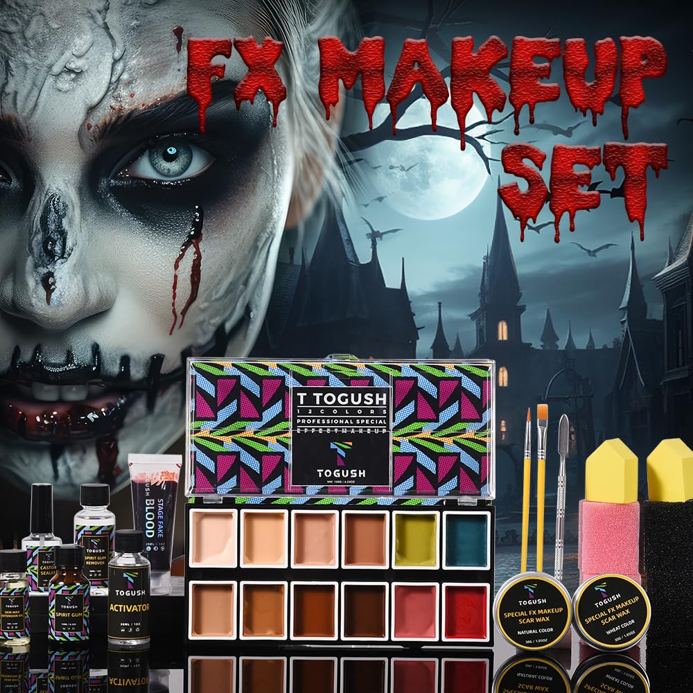 T TOGUSH Halloween Makeup Special Effects SFX Makeup Kit 12 Colors FX Palette Face Body Painting with Fake Blood,Scar Wax,Spirit Gum,Castor Beauty & Personal Care T TOGUSH