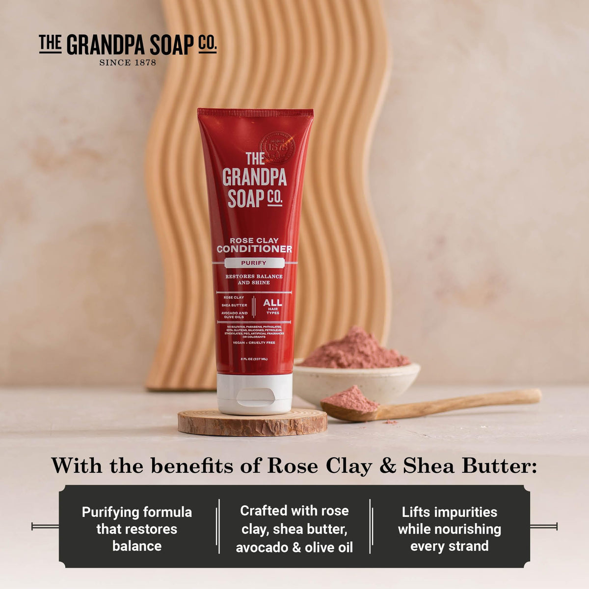 The Grandpa Soap Company Purifying Rose Clay Conditioner - Lift Impurities While Nourishing Hair, With Rose Clay, Shea Butter & Avocado Oil, Vegan,