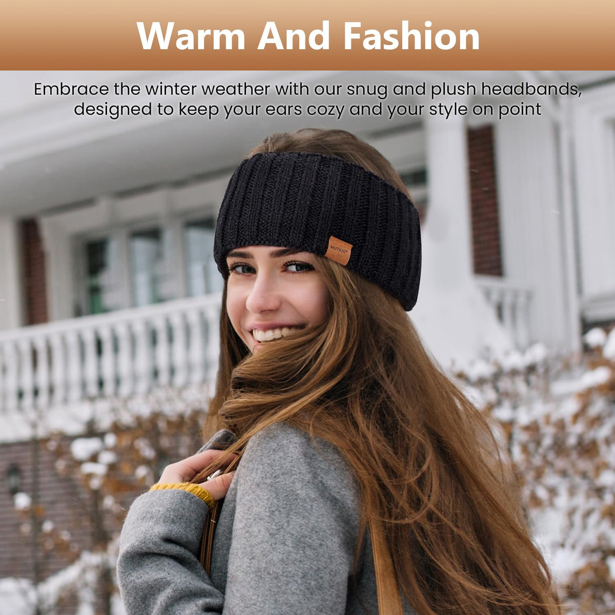 MUTKIS Winter Headbands for Women 3 Pack, Ear Warmers for Women Headband Wool Knit Thick Fleece Lined, Cold Weather Warm Ear Muffs(Black&Beige&Dark