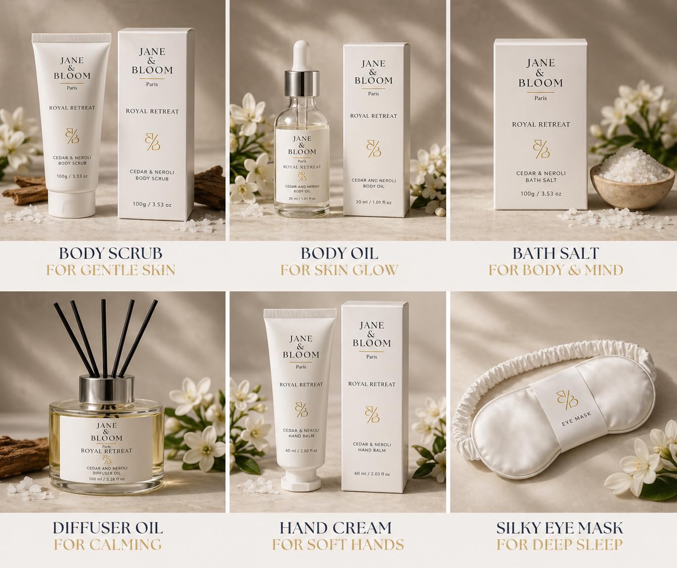 Royal Retreat Luxury Spa Gift Box for Women, Cedar & Neroli Bath and Body Gift Set, Relaxing Home Spa Kit with Bath Salt, Body Scrub, Body Oil, Hand Beauty and Personal Care Jane & Bloom