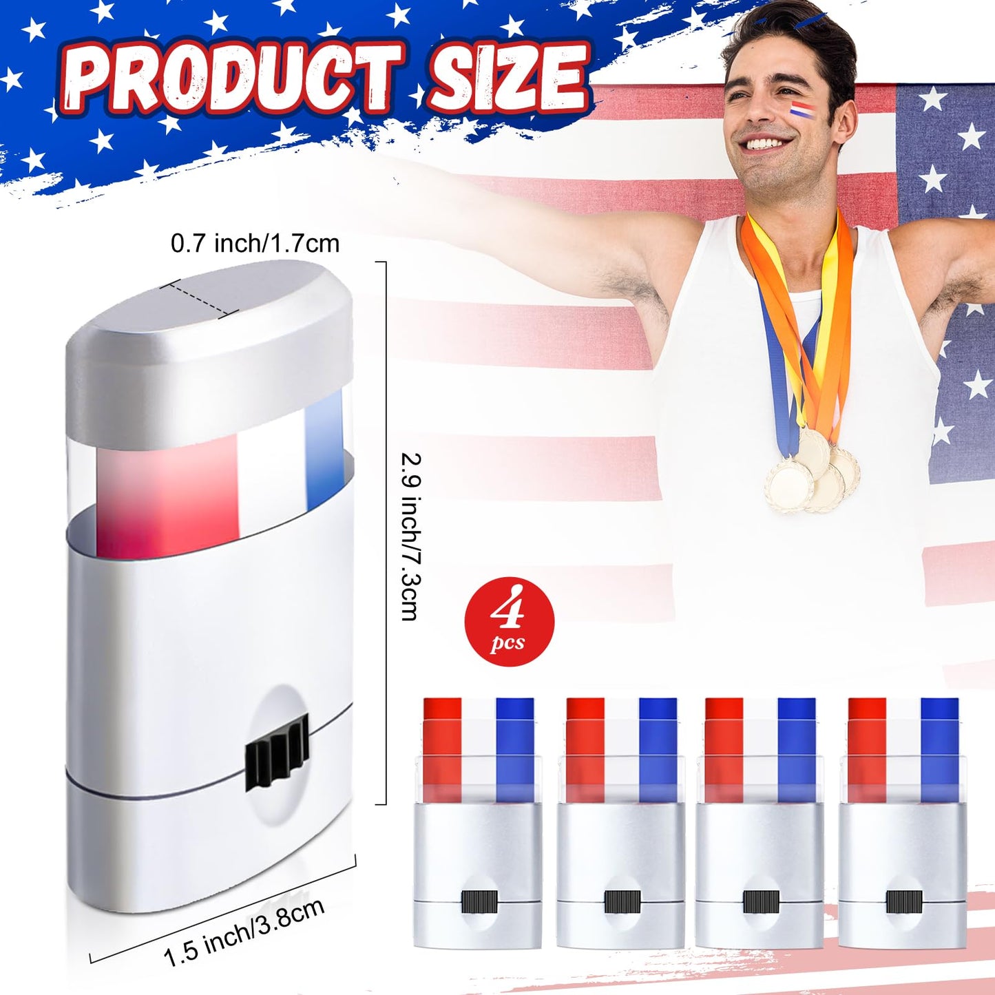 4 Pack Red White Blue Face Paint, USA Flag Color Stripe Stick, Patriotic Face Body Painting for Sports Parties, 4th of July, Parades Accessories Beauty & Personal Care Geodurn