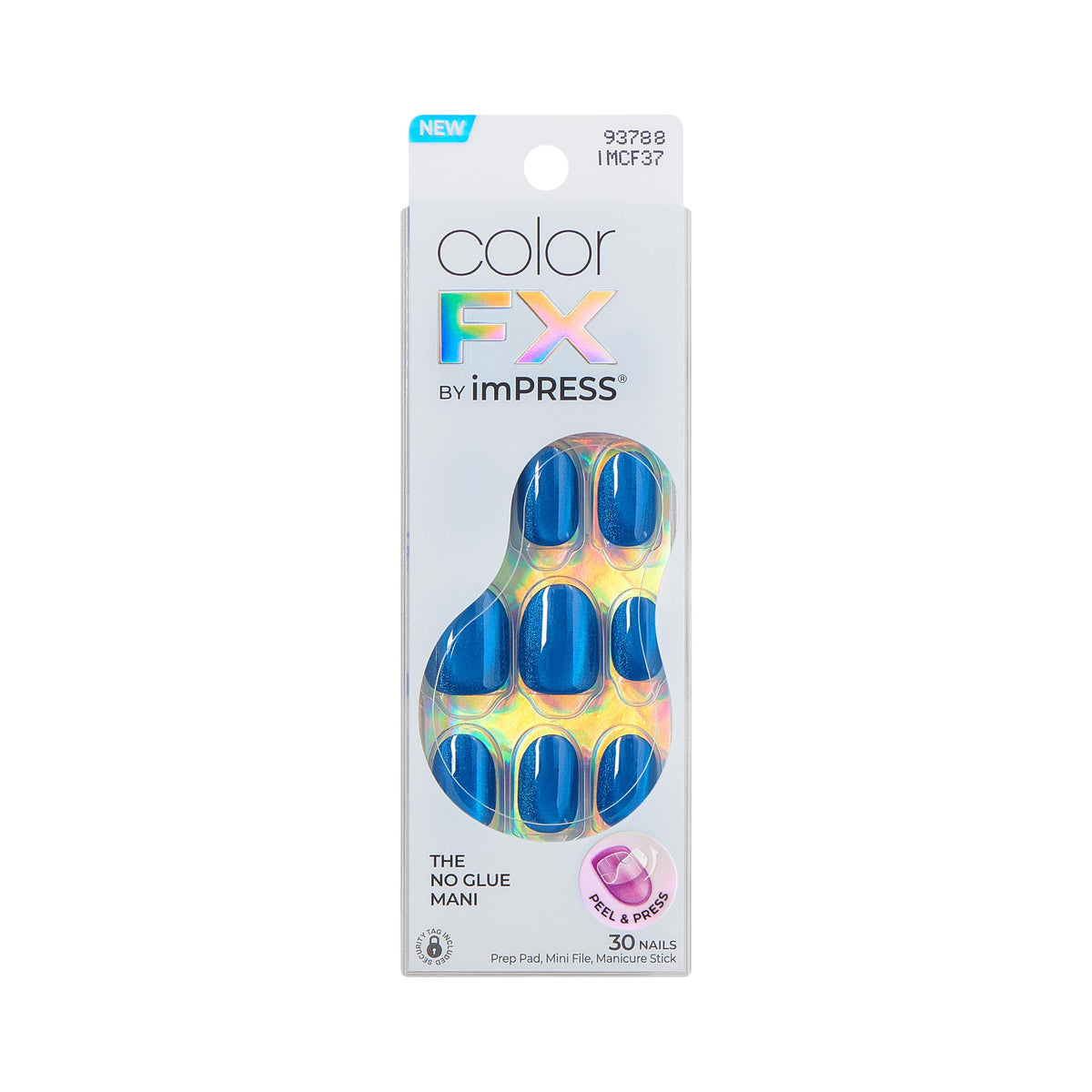 Kiss colorFX by Impress Press On Nails, Reconnect, 30 No Glue Peel and Stick Nails Kit with IMPROVED Adhesive, Blue Short Oval Pearlescent Effect