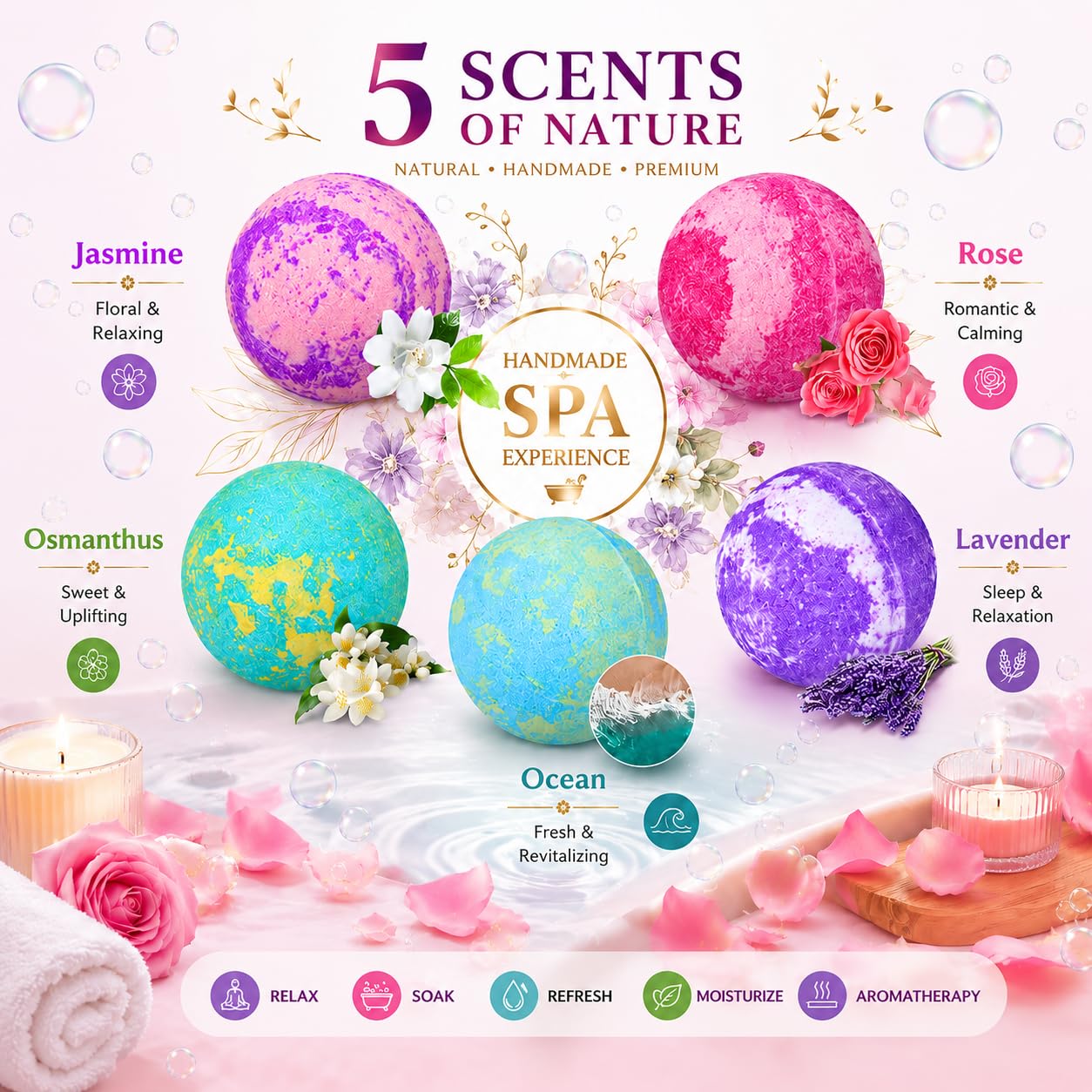 Bath Bombs Gift Set - 5 Large Fizzy Spa Bombs with 4 Scented Candles for Women - Moisturizing Bubble Bath with Essential Oils for Valentine's Beauty and Personal Care OFUN