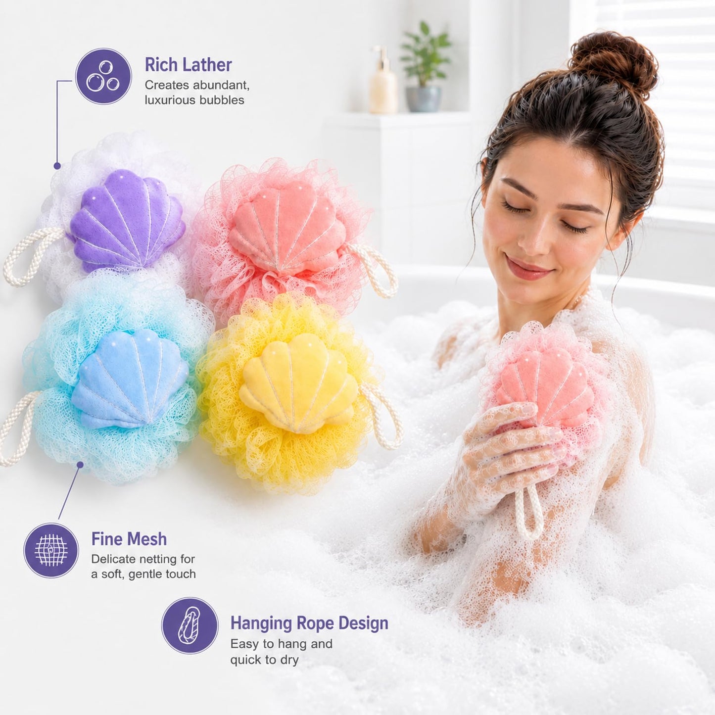 Opreng 4 Pack Seashell Bath Sponges, Soft Mesh Loofah Scrubbers, 50g Each Beauty and Personal Care Opreng