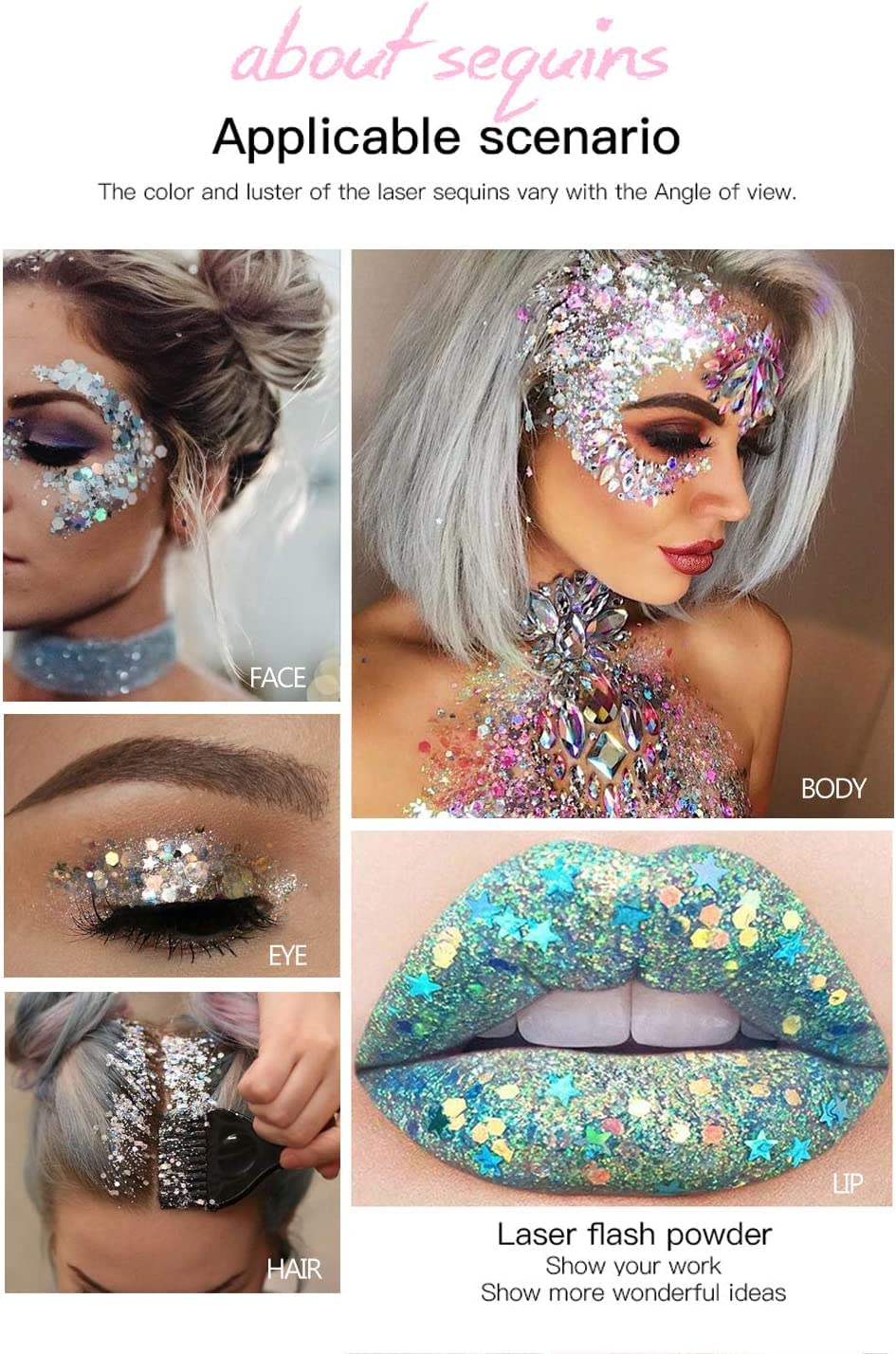 Body Glitter Gel Nail Hair Body Face Flash Eye shadow Glitter Cream Chunky Glitter Mermaid Scale Sequins Festival Painting Decoration Makeup (Pink) Beauty & Personal Care AKARY