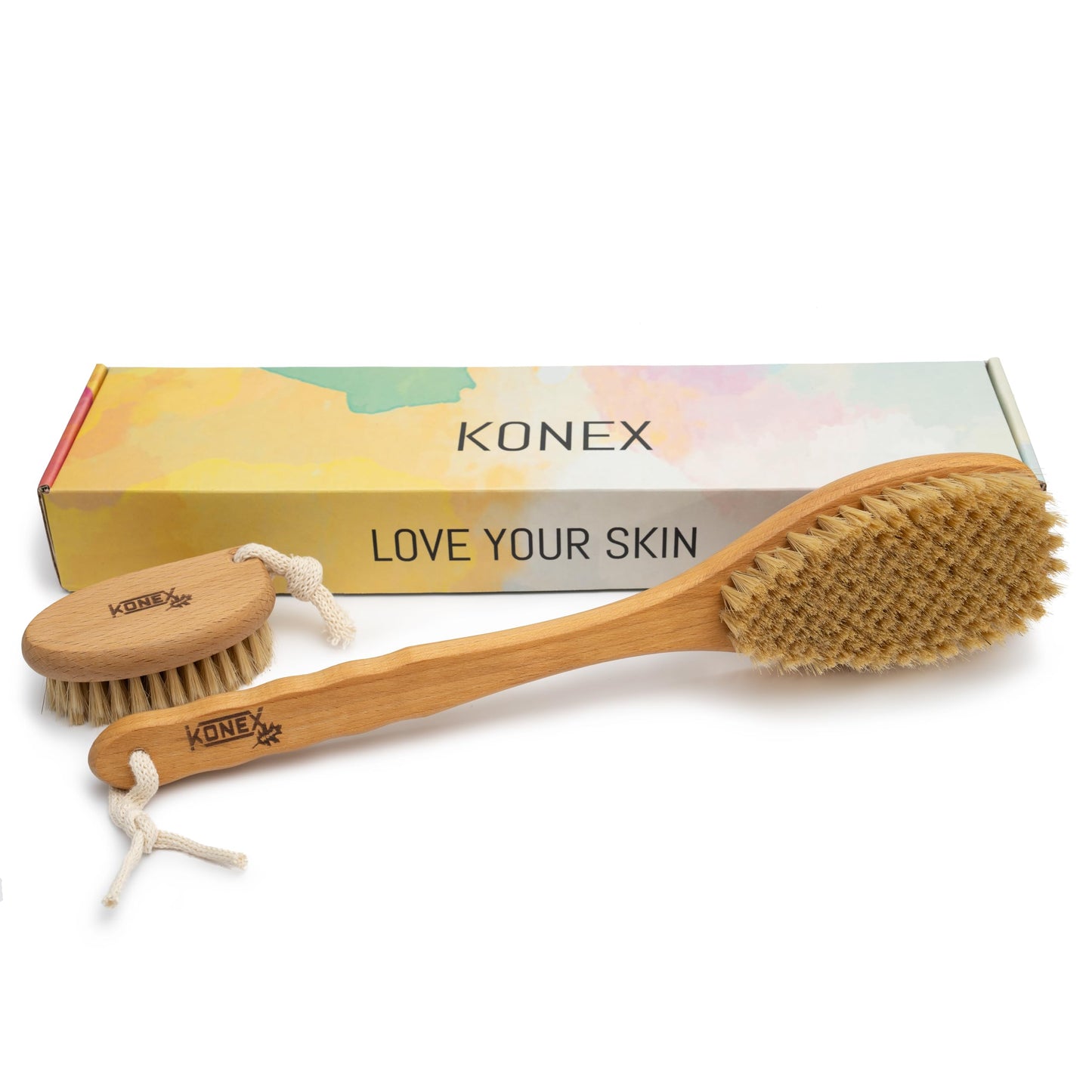 KONEX Bath Brush Set, Exfoliating Shower Scrubber, Dry Brushing Body Brush Set, Pore Opening, Beechwood Handle with Natural Bristle Large 15" Plus Beauty & Personal Care KONEX