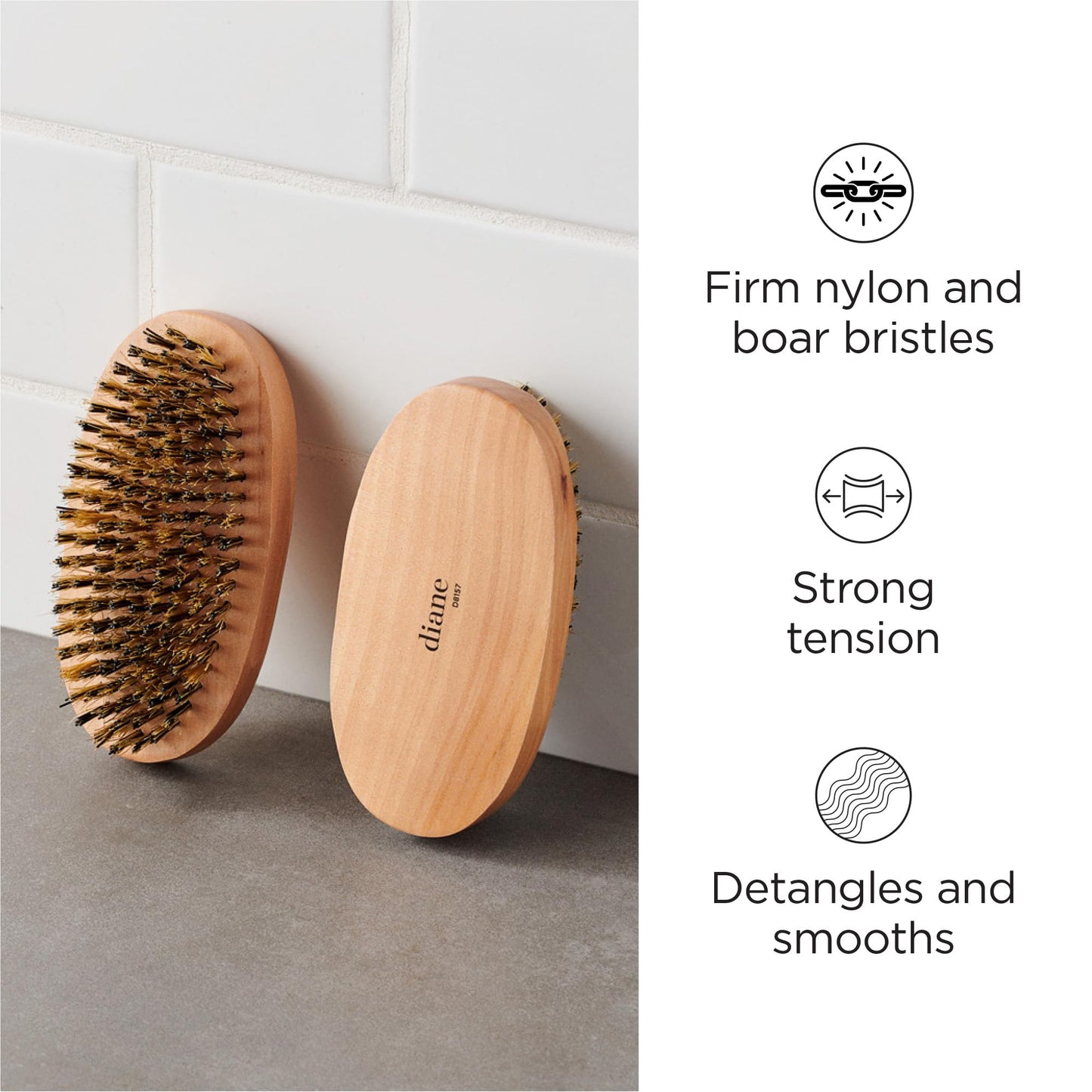 Diane Reinforced Boar Bristle Military Wave Brush for Men and Barbers - Hard Bristles for Thick to Coarse Hair - Use for Detangling, Smoothing, Wave Beauty & Personal Care Diane