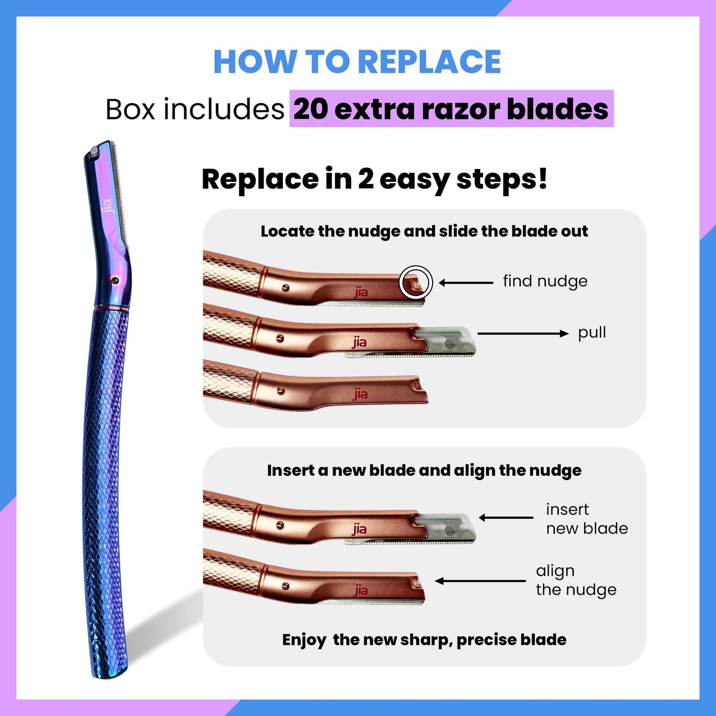 Jia Dermaplane Facial Metal Razor in Iridescent Night with 20 Swiss-Made Replacement Blades - Eyebrow Trimmer & Face Shaver for Women and Men, Peach Beauty and Personal Care jia Personal Care