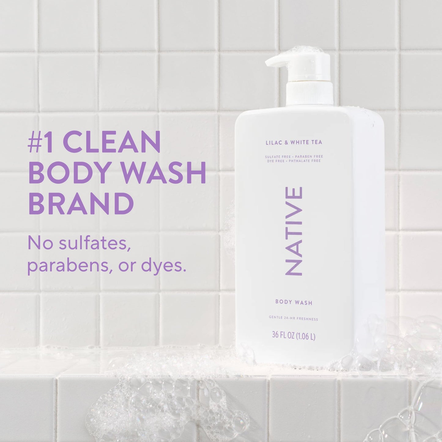 Native Body Wash for Women & Men, Lilac & White Tea, 36 oz Pump Bottle, Sulfate-Free & Gentle Beauty & Personal Care Native
