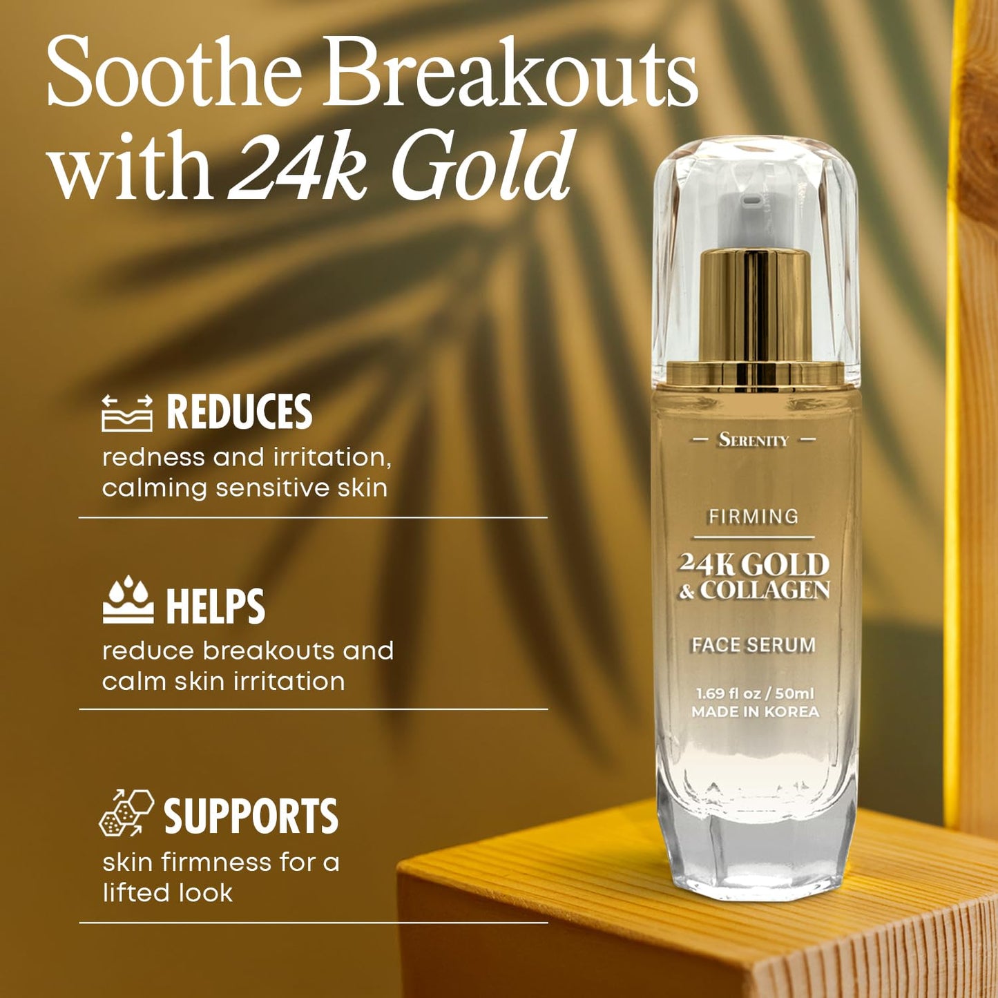 Serenity Dew 24K Gold & Collagen Face Serum - Dermatologist Tested Anti-Aging Korean Skin Care - Calms, Soothes, Hydrates & Firms Skin - Vegan Clean Beauty & Personal Care Serenity