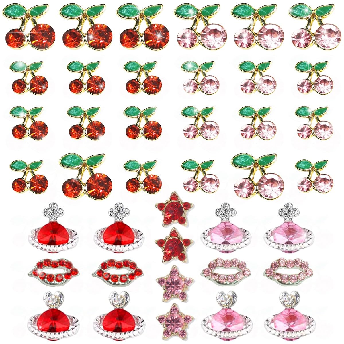 qiipii 42 Pcs 3D Cherry Nail Charms Heart Planet Star Lips Valentines Day Charms for Nails Kawaii Nail Rhinestones Gems Studs Cute Shiny Diamonds