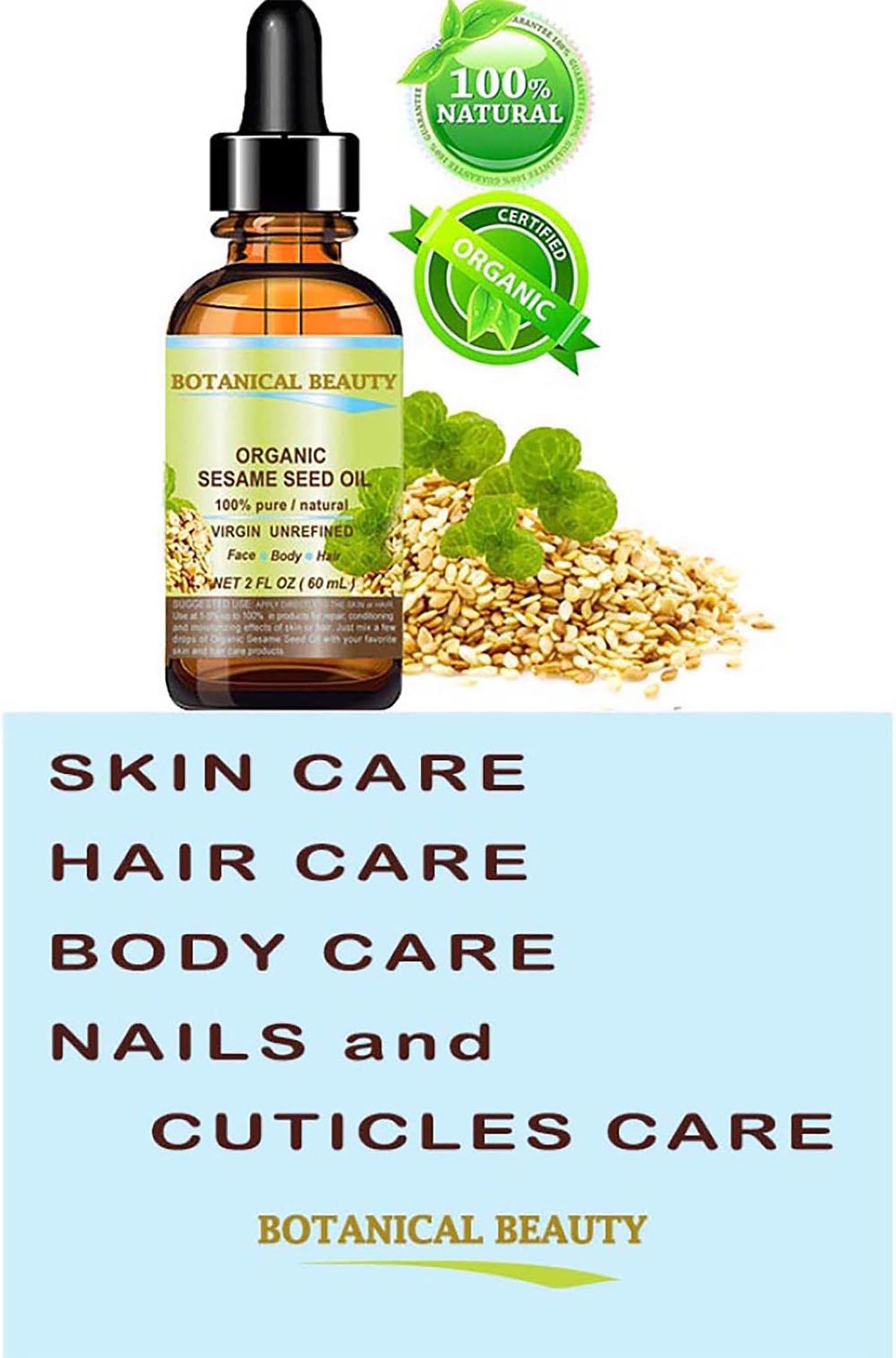Organic SESAME SEED OIL 100% Pure Natural Virgin Unrefined Undiluted Cold Pressed Carrier Oil for Face, Skin, Body, Hair, Massage, Nails. 2 Fl. oz Beauty & Personal Care Botanical Beauty