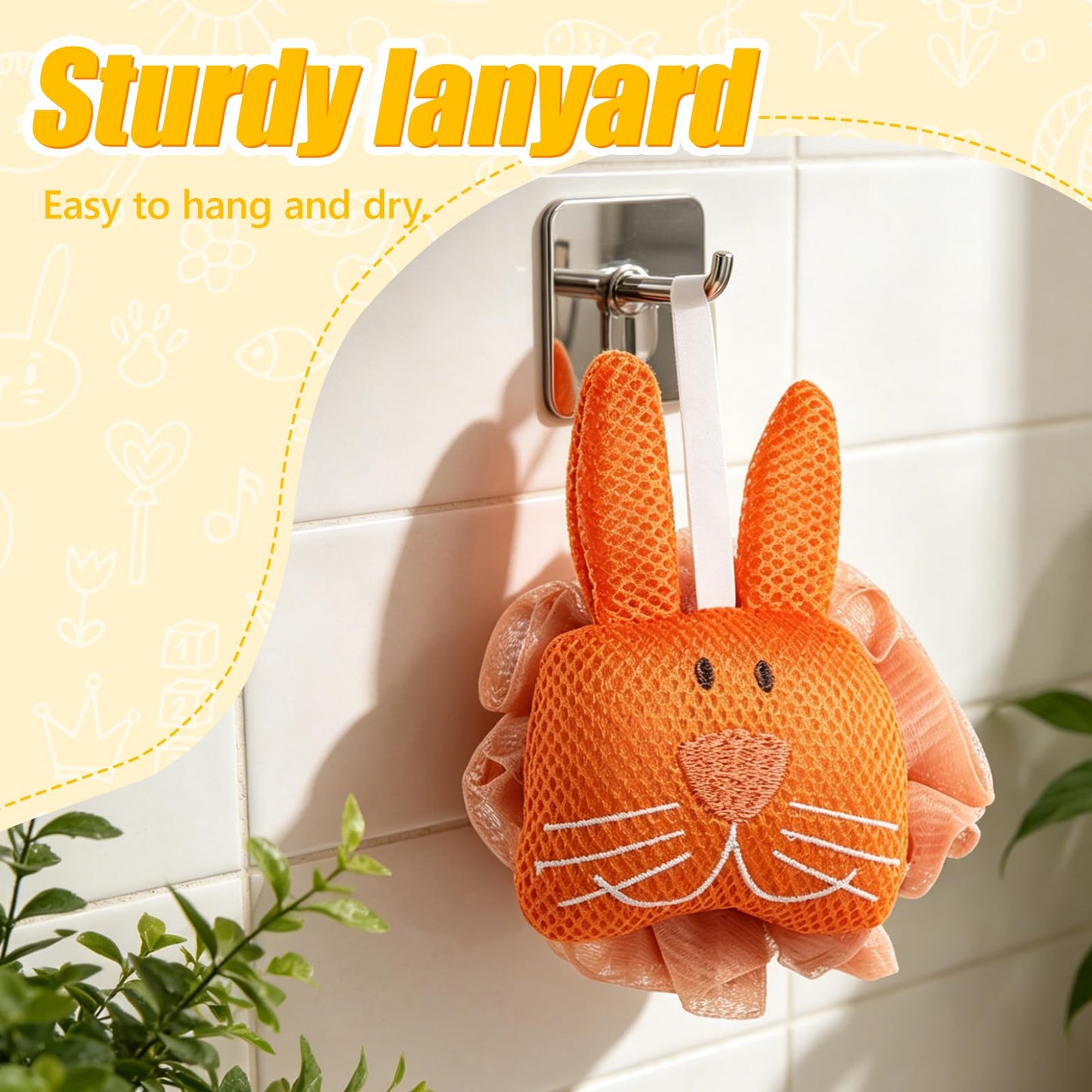 Kids Loofah, Cute Cartoon Animal Kids Bath Sponge with Hanging Rope, Soft Double Mesh for Rich Lather (Little Orange Rabbit) Beauty and Personal Care Taolivingmart