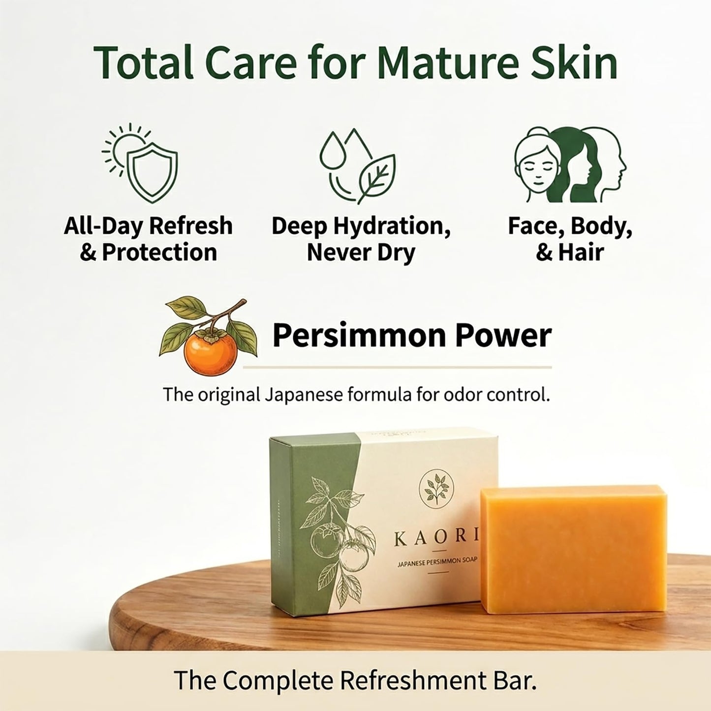 Kaori Deodorizing Persimmon Soap for Old People Smell & Nonenal, Moisturizing Mature Skin, Renewing & Purifying Body Wash, Persimmon Soap for Body Beauty and Personal Care Kalani Glow