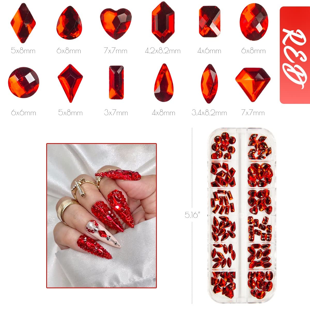 qiipii 120Pcs Red Rhinestones Nail Charms 12 Shapes Crystal Flatback Siam Red Big Gems Ruby Red K9 Glass Nail Stones Diamonds jewels Nail Art Supplies Beauty & Personal Care qiipii