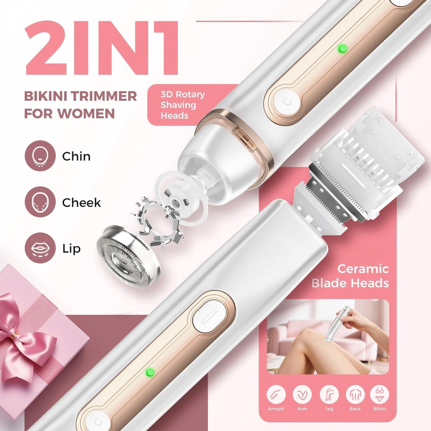 Bikini Trimmer for Women, 2-in-1 Electric Razors for Women Painless, Pubic Hair Trimmer & Facial Hair Remover, IPX7 Waterproof Rechargeable Lady Beauty and Personal Care Voivey