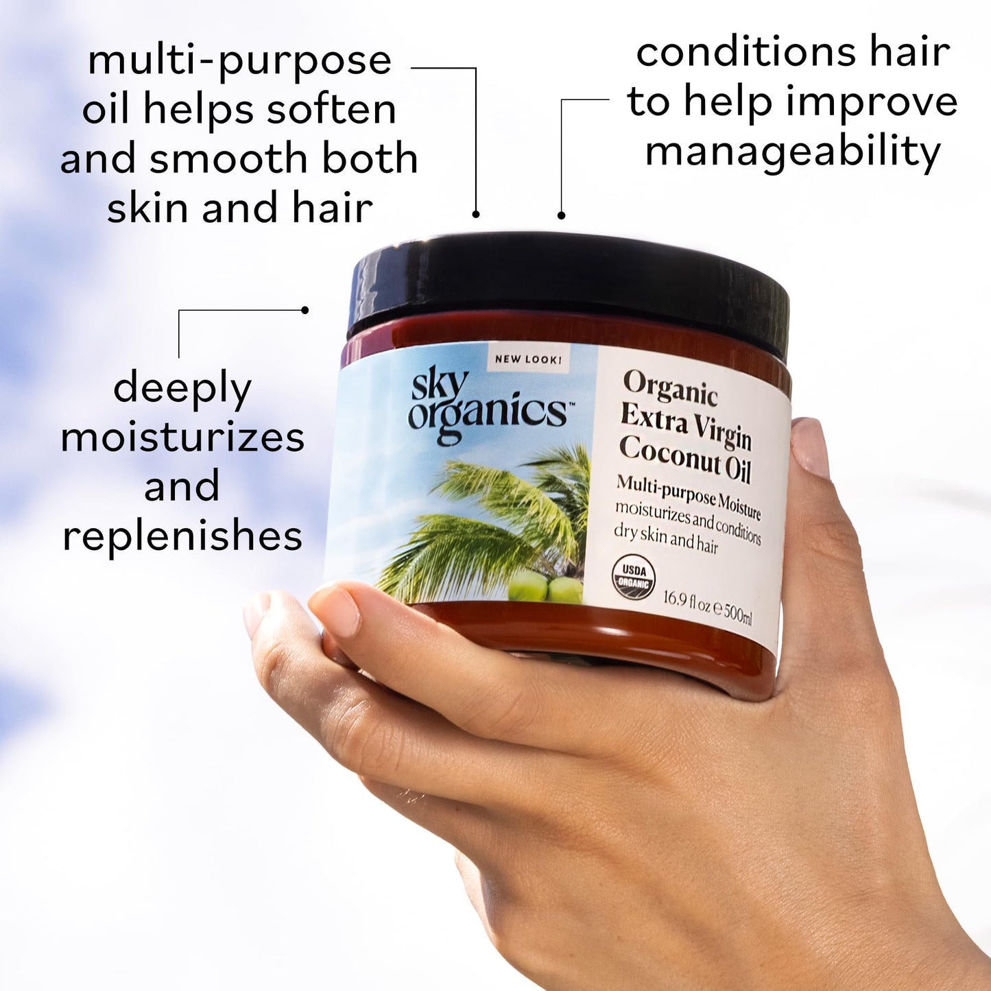 Sky Organics - Multipurpose Organic Coconut Oil for Skin & Hair w Ebook, 16.9 fl oz - Extra Virgin Hair Oil & Body Moisturizer - Vitamins Beauty & Personal Care Sky Organics