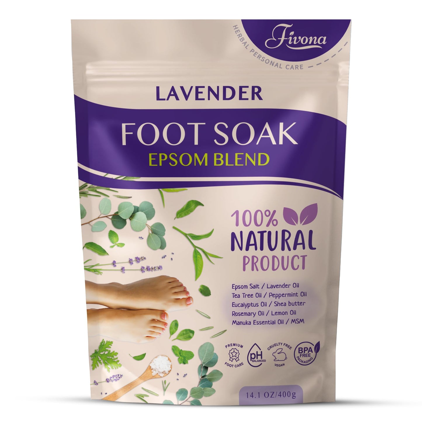Fivona Foot Soak Blend Epsom Salt with Lavender 14.1 oz - Calming Foot Bath Salt, Relax & Renew Tired Feet, Soothe Soreness, Soften Calluses Beauty and Personal Care FIVONA