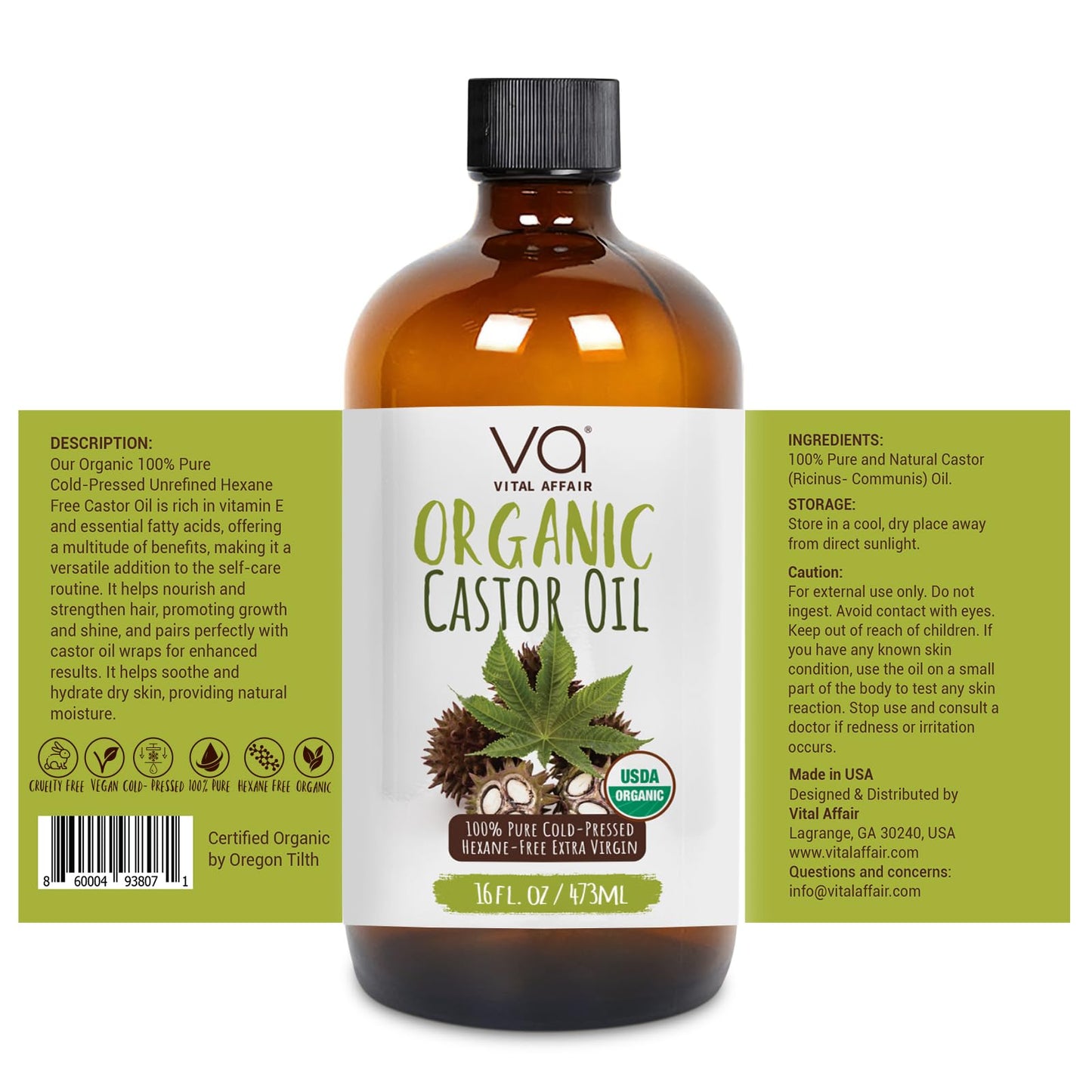 VITAL AFFAIR Pure Castor Oil Organic Cold Pressed Unrefined Glass Bottle-USDA Certified for Castor Oil Pack Wrap for Face,Hair Beauty & Personal Care VITAL AFFAIR