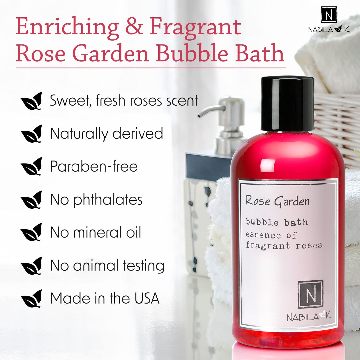 Rose Garden Bubble Bath by Nabila K - Essential Oils with Natural Ingredients for Sensitive Skin, Tear-Free, Gentle, Moisturizing - Luxury for Women Beauty & Personal Care Nabila K