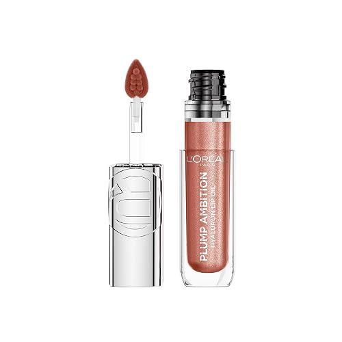 L'Oreal Paris Plump Ambition Hyaluron Lip Oil Shimmer, 24 HR Lip Gloss with Hyaluronic Acid, Volumizing Formula with Glass-Like Shine, Peach Lights, Beauty & Personal Care L'Oreal Paris