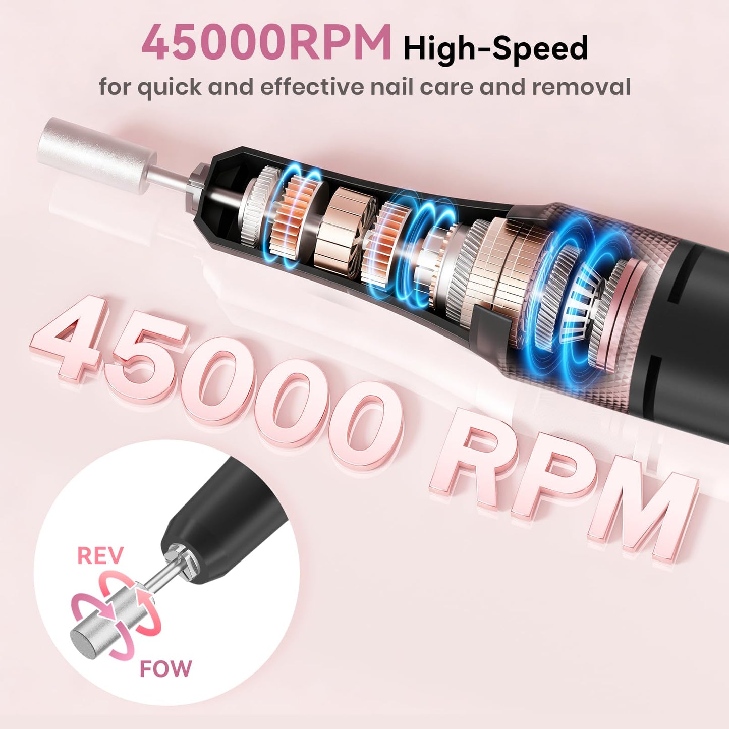 Professional Electric Nail Drill 45000RPM, Portable Nail File for Acrylic Gel Nails, Cordless Rechargeable Salon-Grade Ultra Power Nail Drill Kit Beauty and Personal Care Hoxida