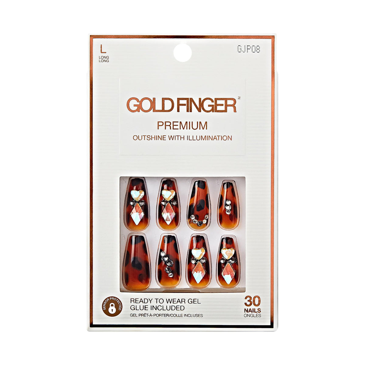 GoldFinger Premium Luxury False Nails Kit, Ready to Wear Leopard Nails, Manicure Stick and Glue Included, Long Coffin Shape with 3D Rhinestones