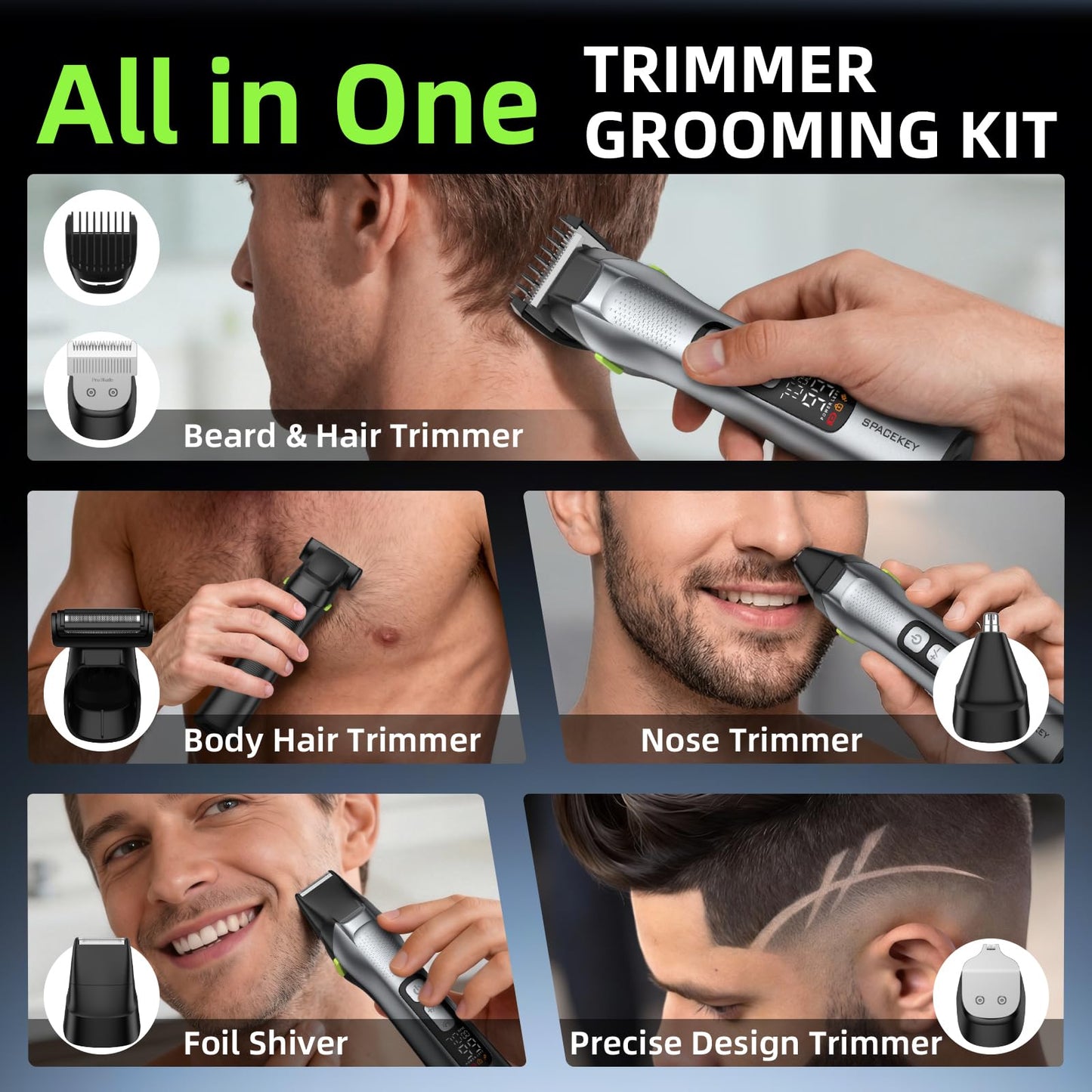 Beard Trimmer for Men, All in One Mens Grooming Kit, Stainless Steel Blade Cordless Hair Clippers, 150-Min Long Runtime, IPX7 Waterproof, 3 Speeds Beauty and Personal Care Spacekey