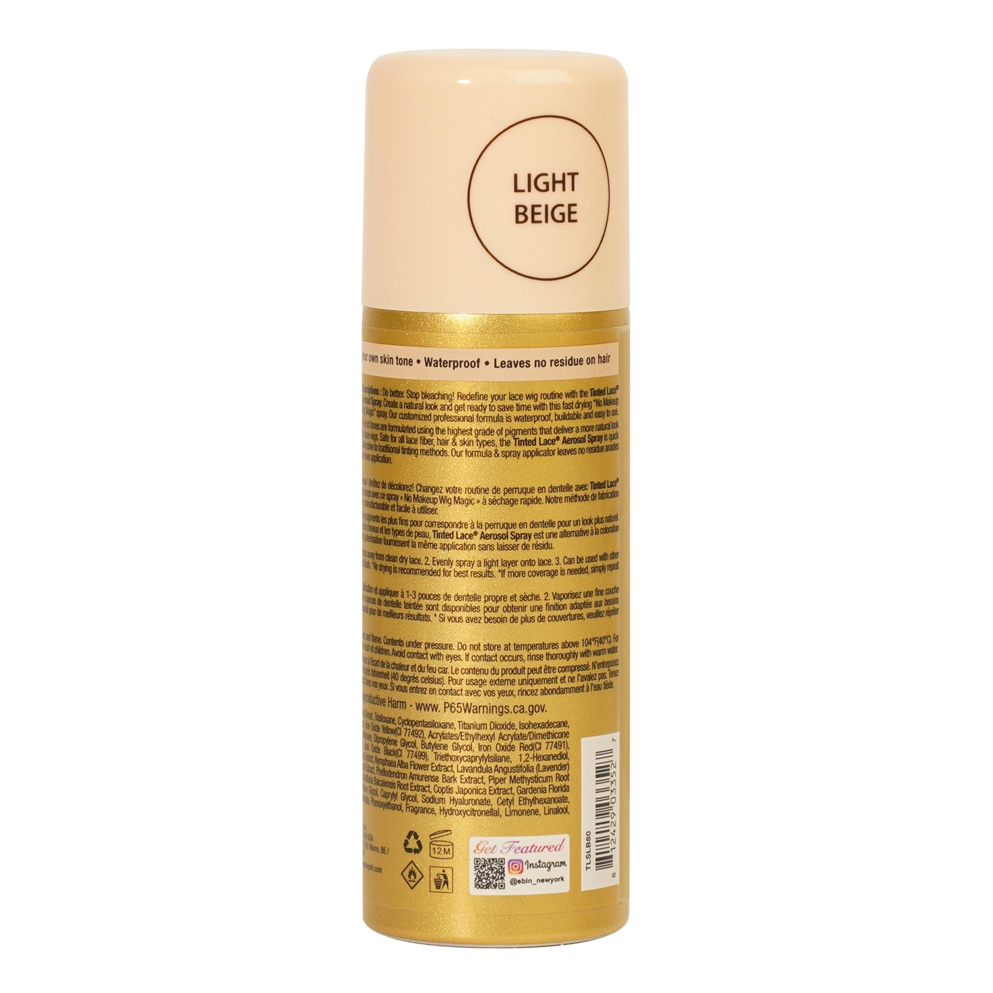 EBIN NEW YORK Tinted Lace Aerosol Spray - Light Beige 2.7 Oz/ 80 mL, Quick dry, Water Resistant, No Residue, Water Resistant, Even Spray Beauty & Personal Care EBIN NEW YORK