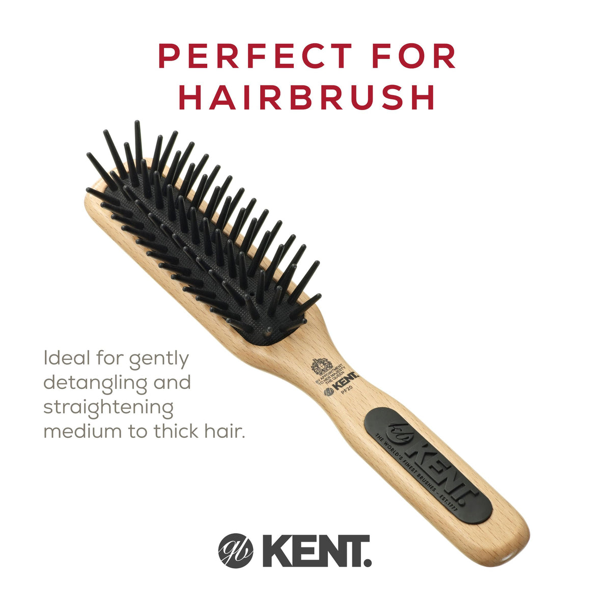 Kent PF20 Narrow Cushion Paddle Brush - Taming Fat Pins, Detangling Long Thick and Curly Hair, Scalp Massager and Growth Stimulator for All Hair