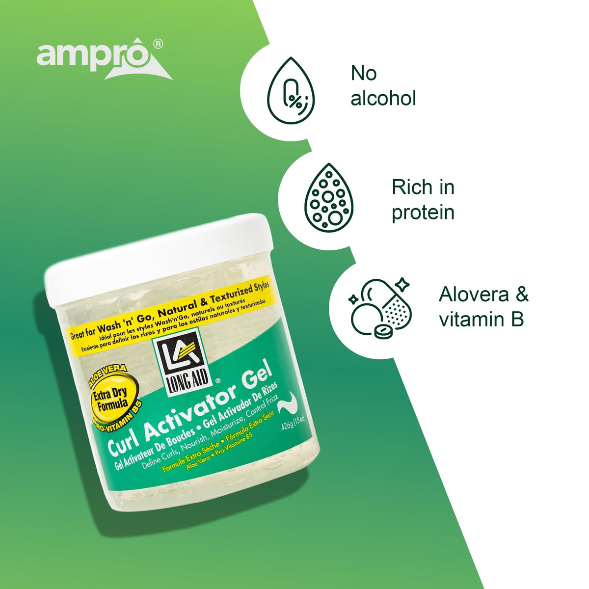 Ampro Long-Aid Activator Gel - Enriched with Aloe Vera, Protein, and Vitamin B Complex - Brings Essential Moisture to Strands - Defines Your Natural Beauty & Personal Care AMPRO